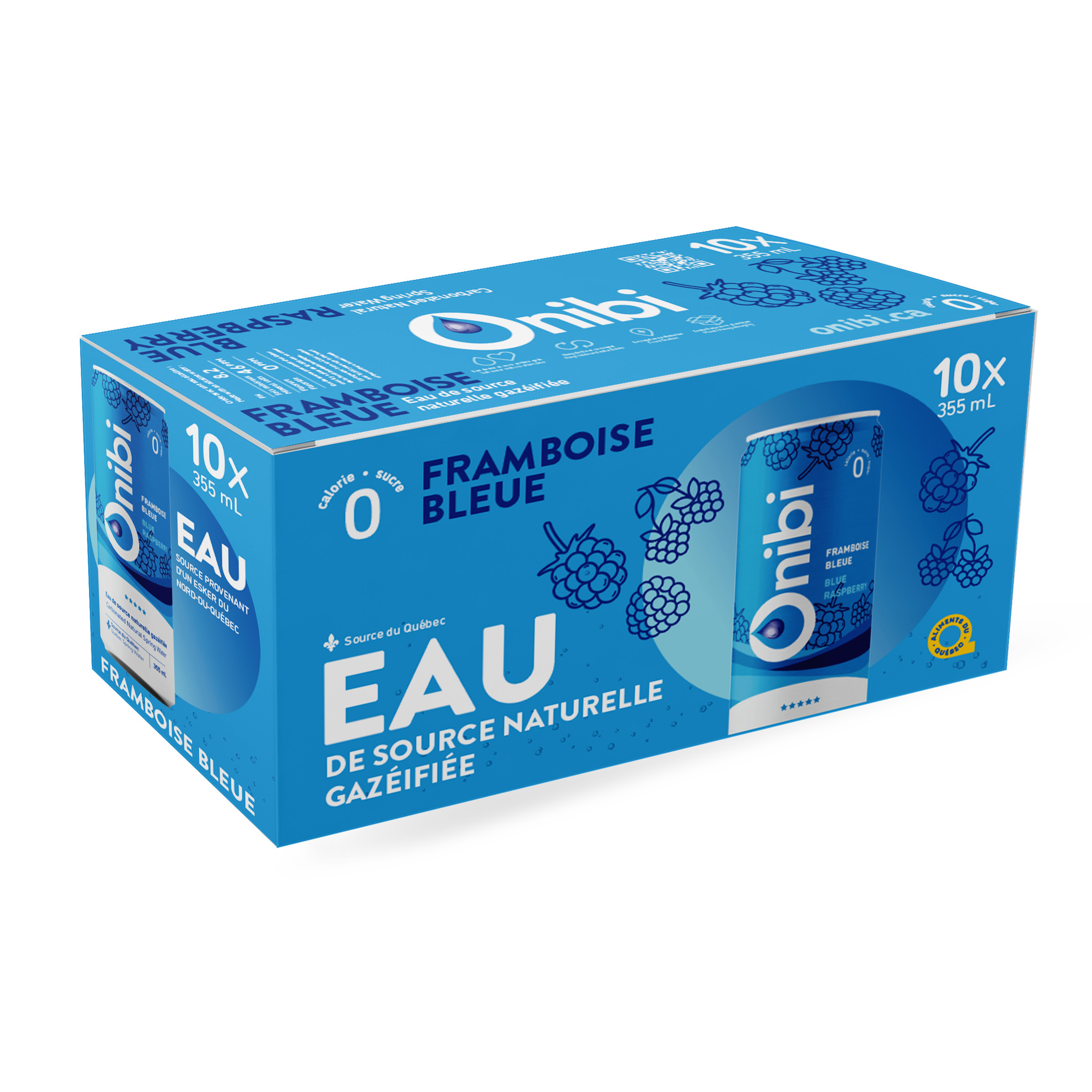 Caisse de 10 canettes d'eau gazéifiée à la framboise bleue