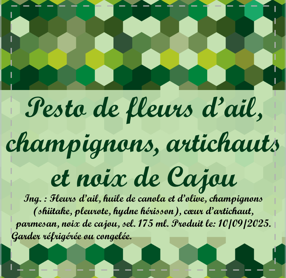 Pesto de fleur d’ail, champignons, artichaut et noix de cajous.